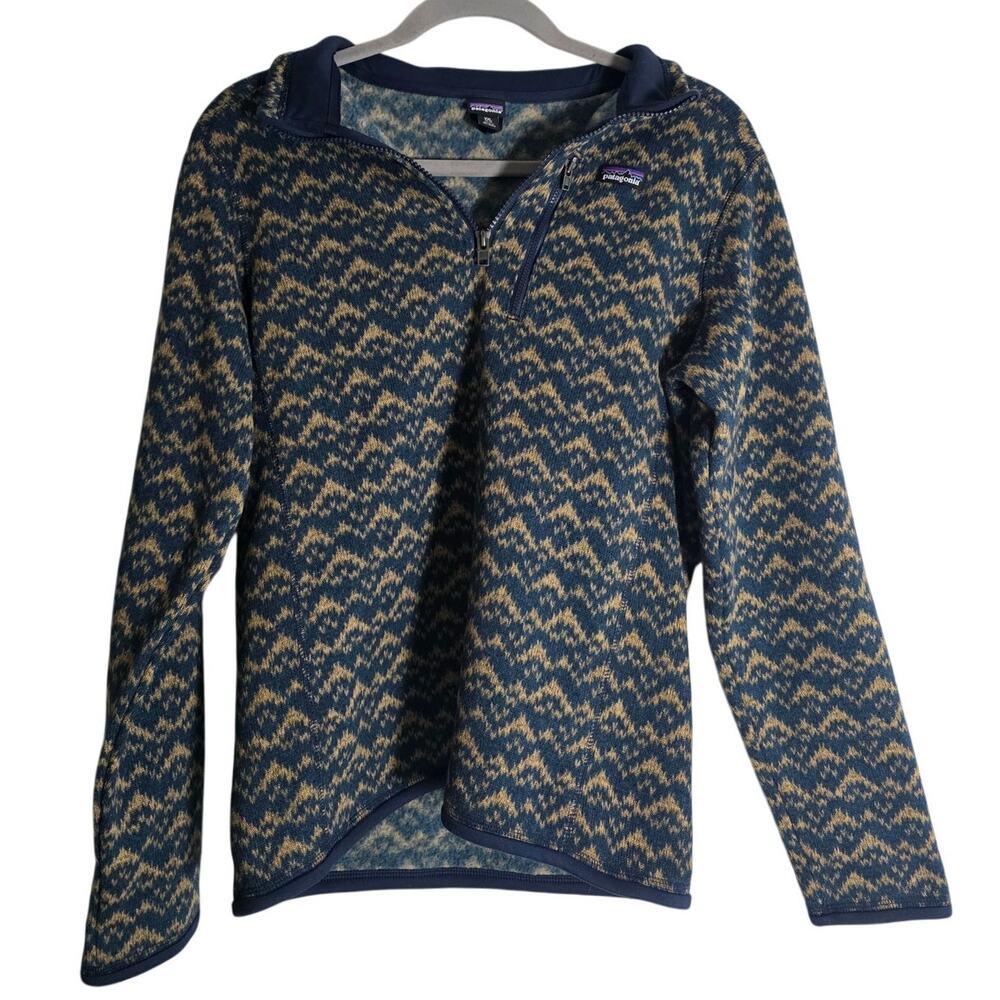 Patagonia Womens XXL Blue Tan Pattern Fleece 1/4 Zip Pullover Lightweight Hiking